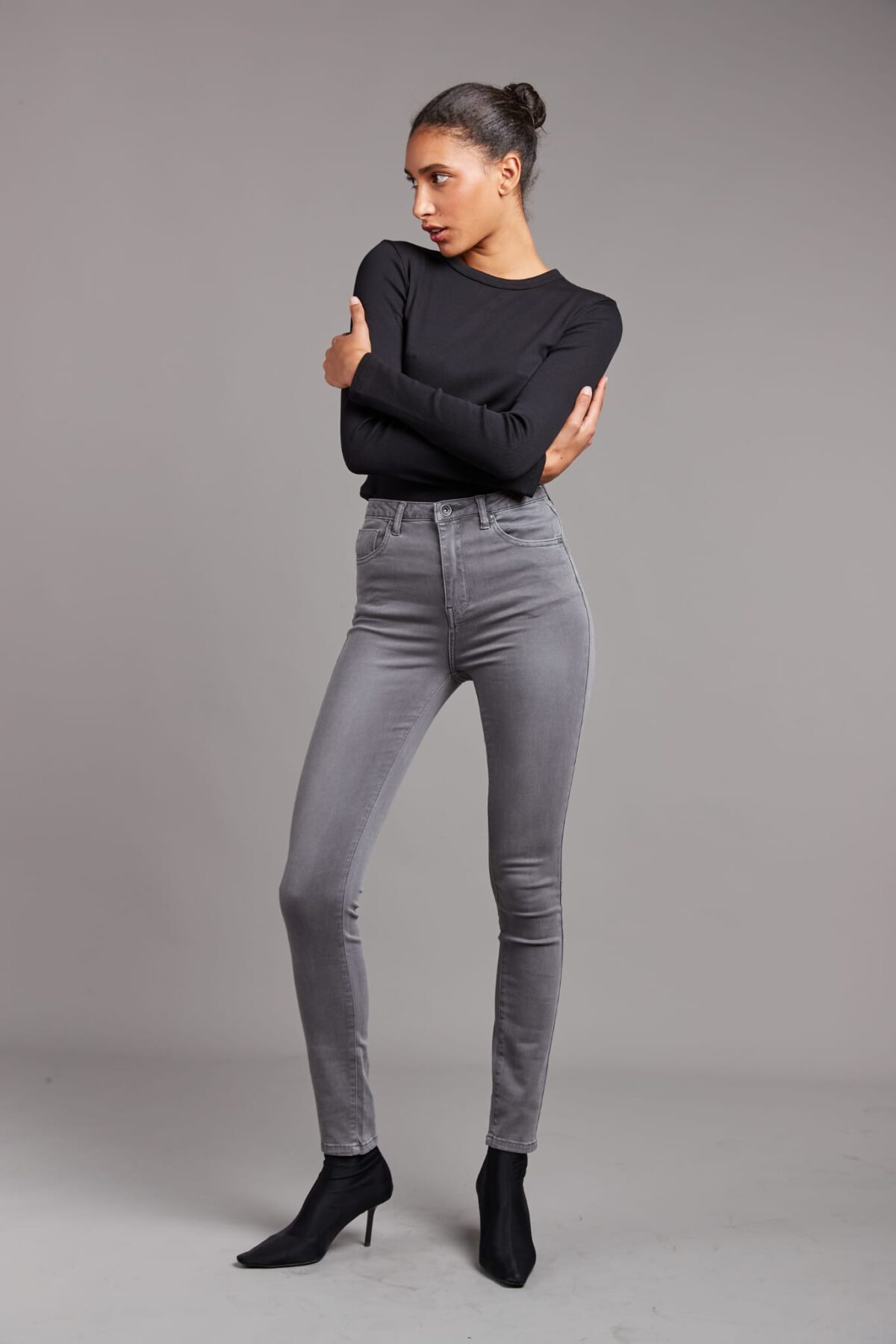 Pantalon Skinny Taille Haute Gris Moyen