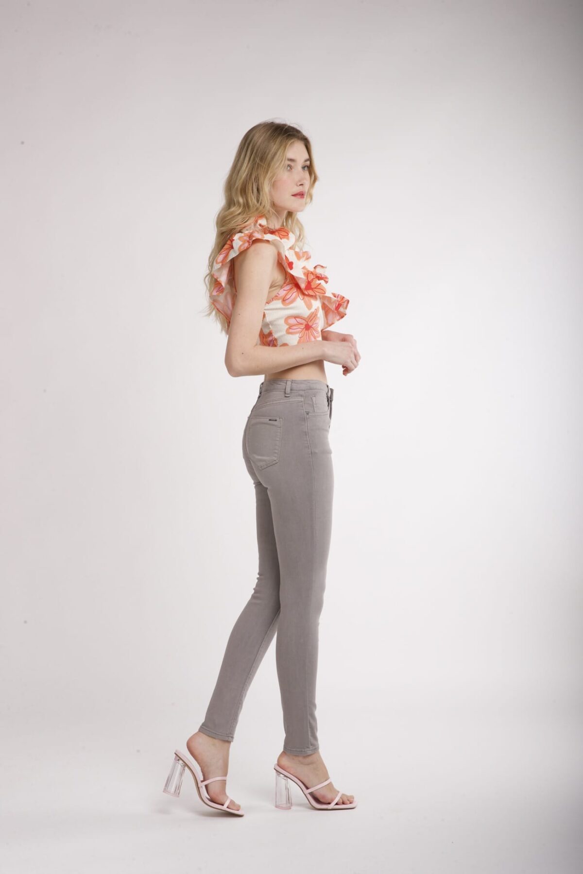 Pantalon Skinny Taille Haute Gris Clair – Image 2