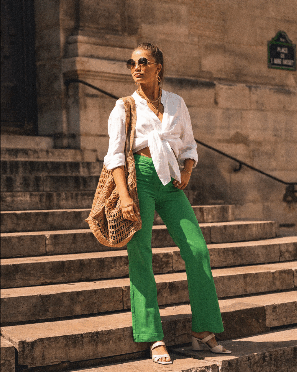 Pantalon Coupe Droite Large Vert Pomme
